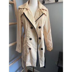 Classic Double-Breasted Trench Coat Belted Cream with Black Trim